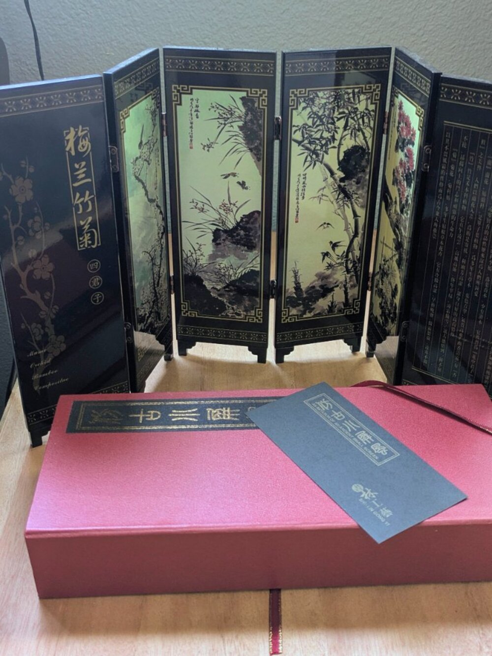 Miniature 6-Panel Folding Table Screen "Four Gentlemen" Reversible w/ Box